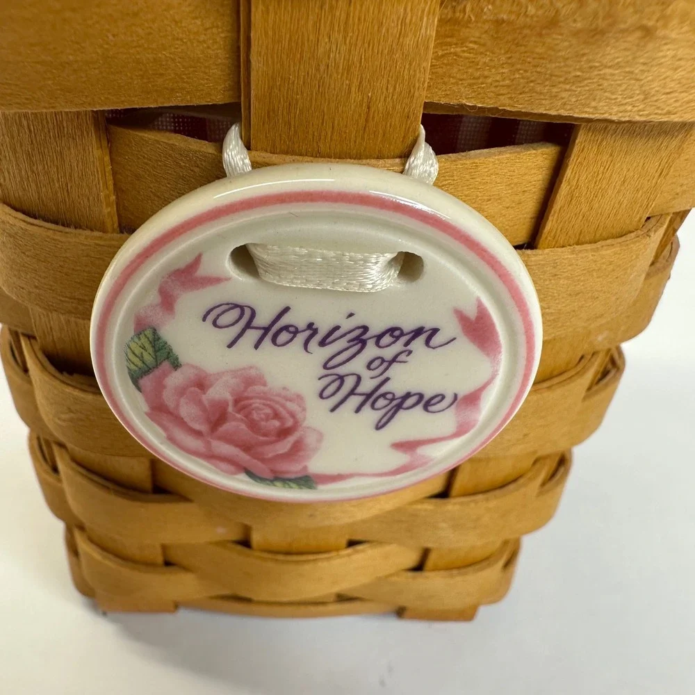 Longaberger Horizon of Hope Basket Pink Striped Liner Ceramic Rose Tie-On